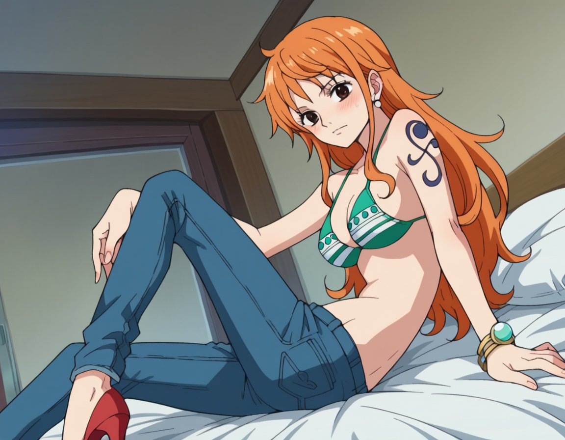 score_9, score_8_up, score_7_up, source_anime,onepiecenami, <lora:one-piece-nami-s15-ponyxl-lora-nochekaiser:1>nami, long hair, orange hair, brown eyes,jewelry, swimsuit, bikini, earrings, pants, high heels, bracelet, denim, bikini top only, jeans, tattoo,indoors, bed, bed room, on side, blush, drunk,looking at viewer, dutch angle, cowboy shot