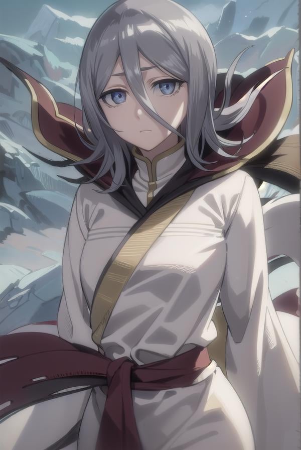 rukiakuchiki, <lora:rukia kuchiki movie3-lora-nochekaiser:1>,dark rukia kuchiki, kuchiki rukia, short hair, grey hair, hair between eyes, (grey eyes:1.5),BREAK cape, robe, white robe, high collar, long sleeves, torn clothes,BREAK outdoors,BREAK looking at viewer,BREAK <lyco:GoodHands-beta2:1>, (masterpiece:1.2), best quality, high resolution, unity 8k wallpaper, (illustration:0.8), (beautiful detailed eyes:1.6), extremely detailed face, perfect lighting, extremely detailed CG, (perfect hands, perfect anatomy),