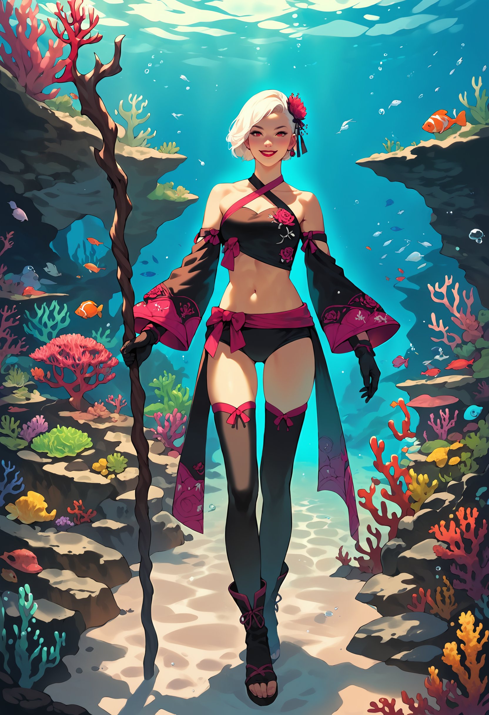 zPDXL,score_9, score_8_up, score_7_up, 1girl, realistic, monastery, underwater, coral reef, full body, white hair, red eyes, pixie cut, short hair, <lora:Shisui_Caster_FFXIV:.75> shisuicaster, detached sleeves, criss-cross halter, boots, bandeau, black thighhighs, gloves, hair flower , navel,  bare shoulders, midriff,  red lipstick, looking at viewer, smile, holding staff