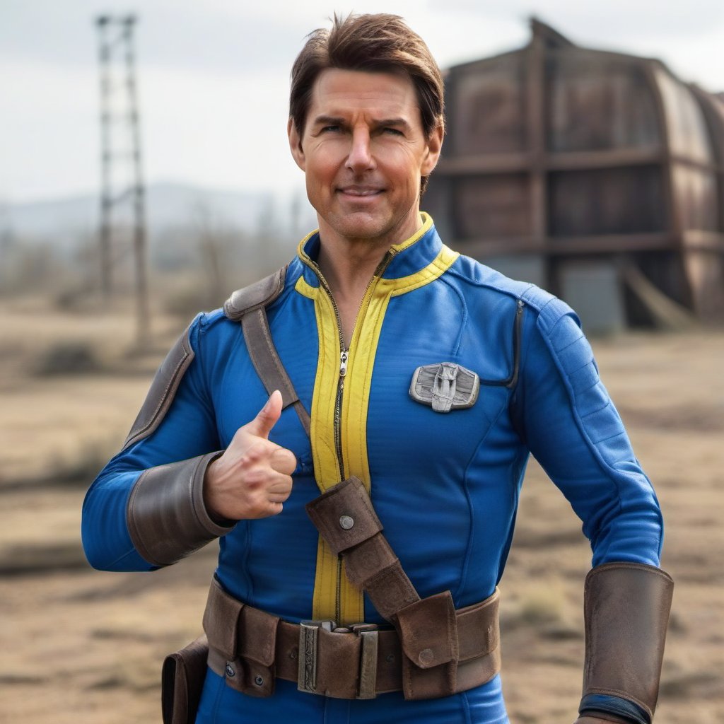 Dystopian style a portrait of tom cruise wears a blue and yellow outfit, a computer wrist, a belt, smiles, thumbs up <lora:Fallout-V2-1024-120:0.8> . Bleak, post-apocalyptic, somber, dramatic, highly detailed