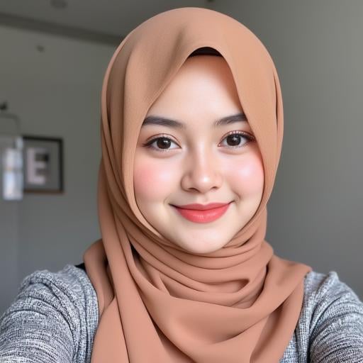 Indonesia woman wearing hijab selfie looking at viewer, smile, beautiful lips, realistic, hijab_selfie