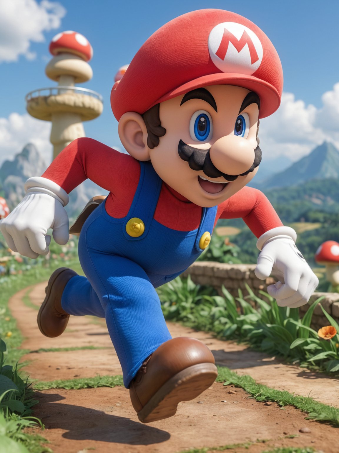 Super-Mario running, Mushroom Kingdom background, 32k, closeup, trending on poltcount 3D, game, extremely detailed, hdr, intricate details, cinematic shot, vignette, (surreal:0.4), hyper detailed photorealistic life-like accurate proportional (accurate cinematic lighting), photorealistic detail, (selective focus:0.6)