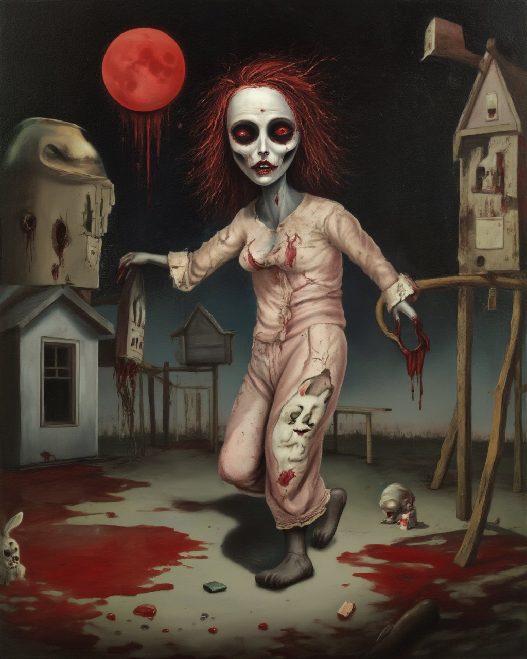 old oil painting of a gothic woman, rotting, large breasts, bloody eyes, wearing  cute bunny pajamas, torn pajamas, bleeding moon, evil facial expression, old abandoned run-down playground in background, surreal, lowbrow art style ,<lora:LowBrowF1D:1>