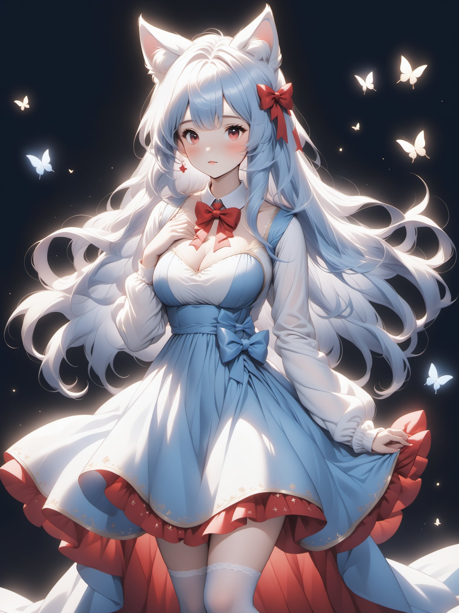 1girl, multiple colored hairs,hair,lovely,cute,whole bodyblue bow,animal ears, red eyes, long hair, very long hair, long sleeves, solo, bow, hair between eyes, bangs,dress, legwear,white hair, chest,pray,Cleavage of breast