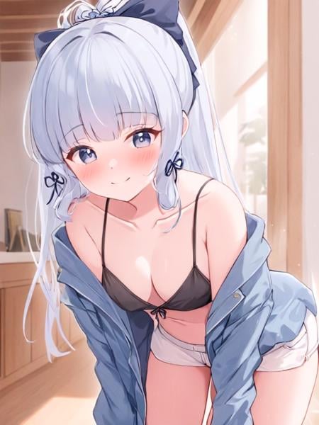 <lora:shenli3:1>,1girl, kamisato_ayaka, breasts, solo, white_shorts, looking_at_viewer, cleavage, off_shoulder, blush, camisole, shorts, parted_lips, short_shorts, leaning_forward, bare_shoulders, spaghetti_strap, medium_breasts, blue_jacket, sidelocks, smile, collarbone, alternate_costume, tress_ribbon, flower_knot, black_camisole, bow, cowboy_shot, own_hands_together, thighs, long_sleeves, jacket, indoors, open_clothes, armpit_crease, shirt, light_blue_hair, very_long_hair, hair_bow