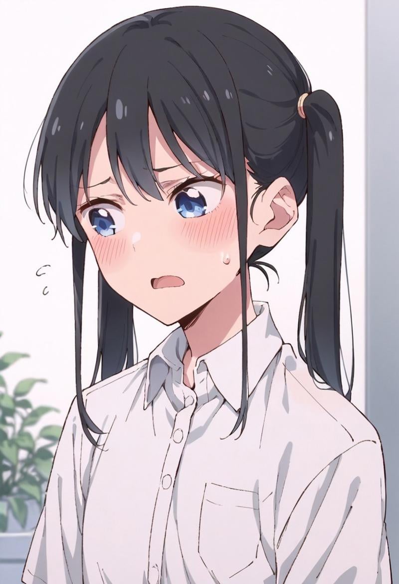 score_9, score_8_up, score_7_up, source_anime,nanakura rin, black hair, blue eyes, long hair, 1girl, solo, twintails, blush, open mouth, shirt, white shirt,  sweatdrop, collared shirt, looking away