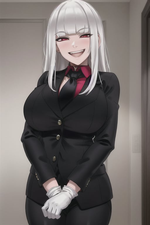 masterpiece, best quality, 1girl, solo, huge breasts, looking at viewer,long hair, red eyes, white gloves, necktie,  red shirt, white hair, smile,  formal, suit, open mouth,, black necktie, black pants, blunt bangs, jacket, collared shirt,  teeth, long sleeves, black jacket,solo focus,  <lora:Andava:0.7>