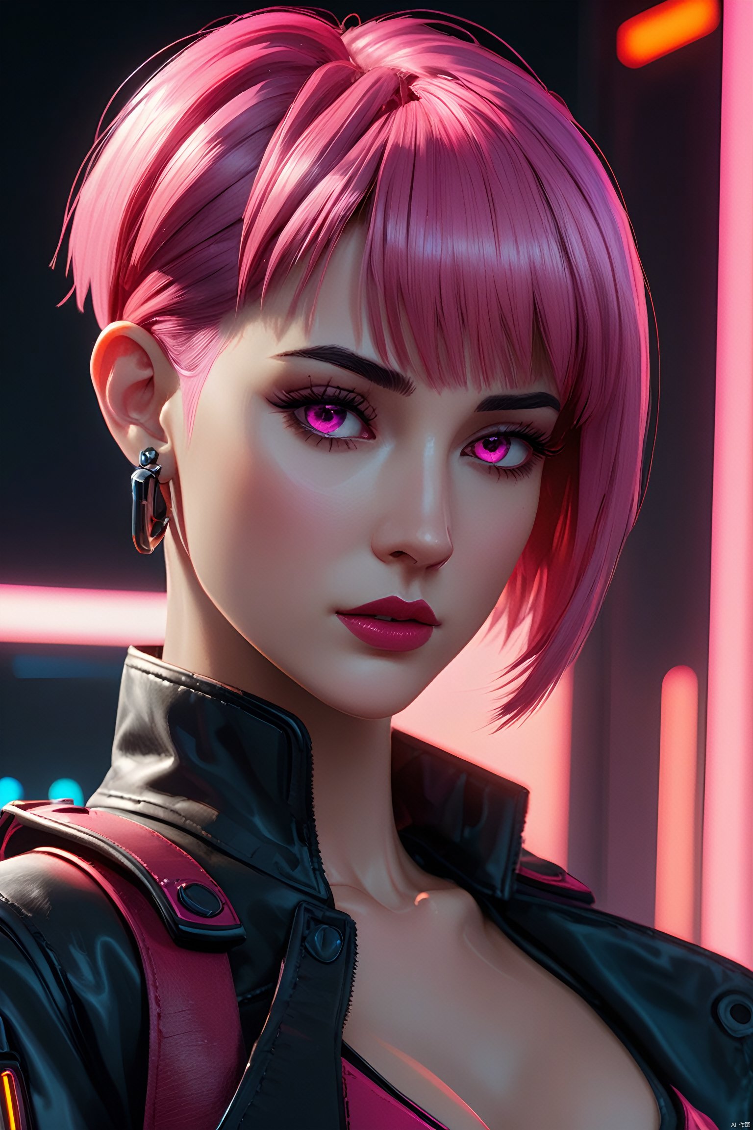 Anime Artwork Lucy (Cyberpunk),  Pink Short Hair,  Pink Eyes,  Red Lips,  Leather Skirt,  Punk Stud Earrings,  Bossy,  Brave,  Key Visual,  Vibrant,  High Detailed,  Illustration,  Short Straight Hair,  Futuristic,  NFT Art,  Solid Color Background,  Robotic Arm,  Cartoon Coloring,  Tendal Effect. Non-Realistic Rendering Transparency,  Color Tilt,  Animation,  Blender Geometry Art,  Intrlligence 4k Image,  Epic,  Cinematic Effects,  Neon Cold Pounding,  Octane Rendering,  OC,  8k