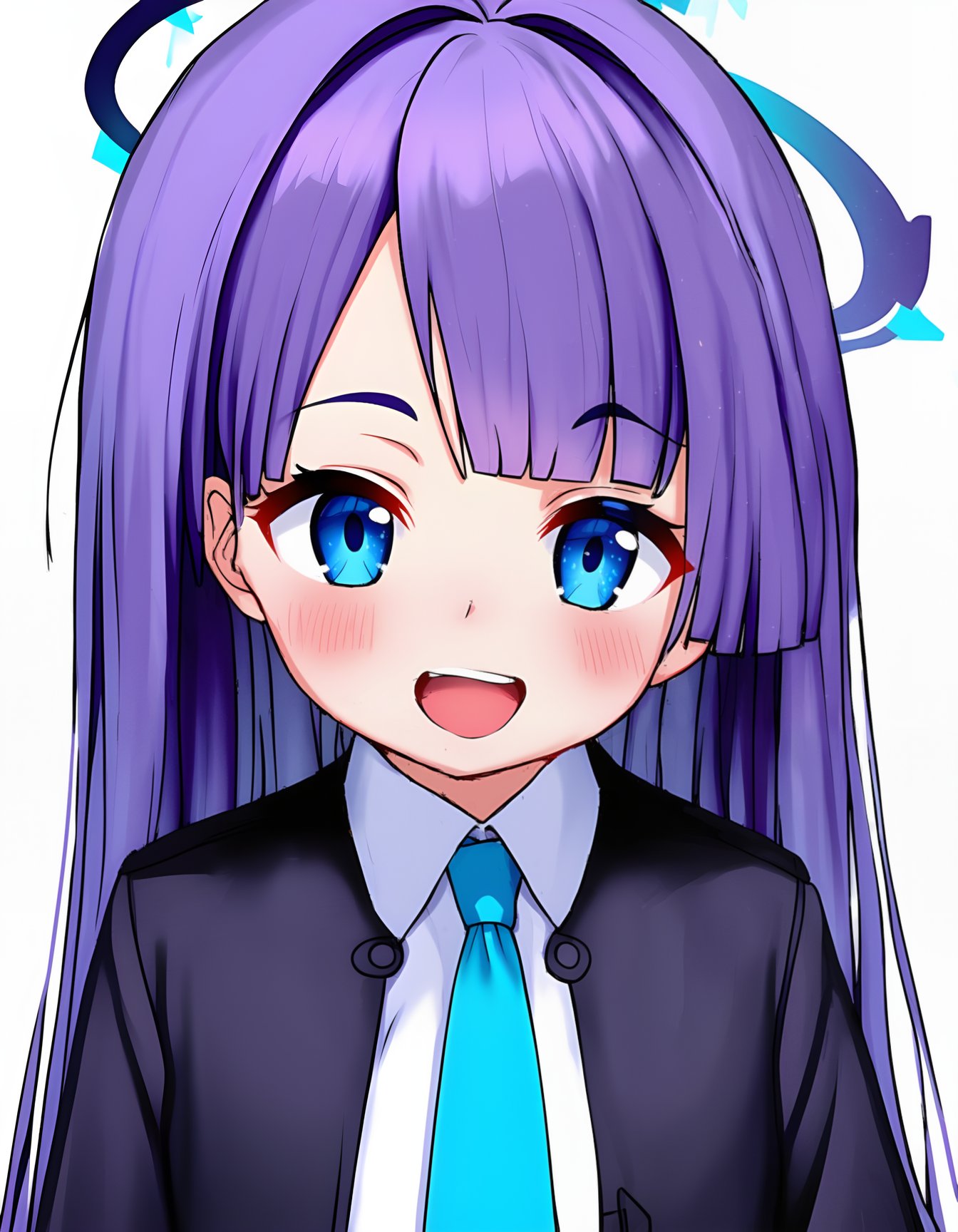 1girl, long hair, looking at viewer, smile, open mouth, blue eyes, simple background, shirt, white background, jacket, white shirt, upper body, purple hair, open clothes, necktie, collared shirt, halo, black jacket, parted bangs, two side up, portrait, blue necktie, yuuka, blue archive,