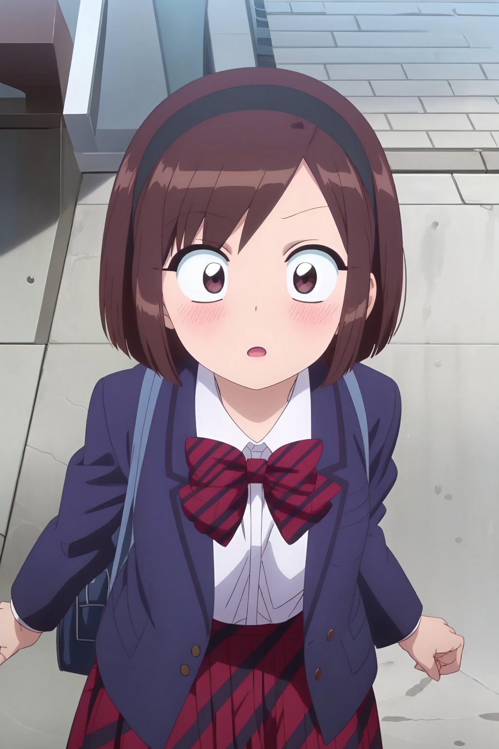 Ayami Sasaki, 4k, absurd, high resolution, ultra high resolution, high definition, masterpiece, illustration, 2d, anime style, 1girl, solo, looking at viewer, blush, short hair, open mouth, skirt, brown hair, shirt, bow, school uniform, jacket, white shirt, hairband, striped, collared shirt, bowtie, bag, :o, red bow, parted bangs, red skirt, blazer, looking up, black hairband, blue jacket, school bag, wide-eyed, striped bow<lora:EMS-466062-EMS:0.800000>