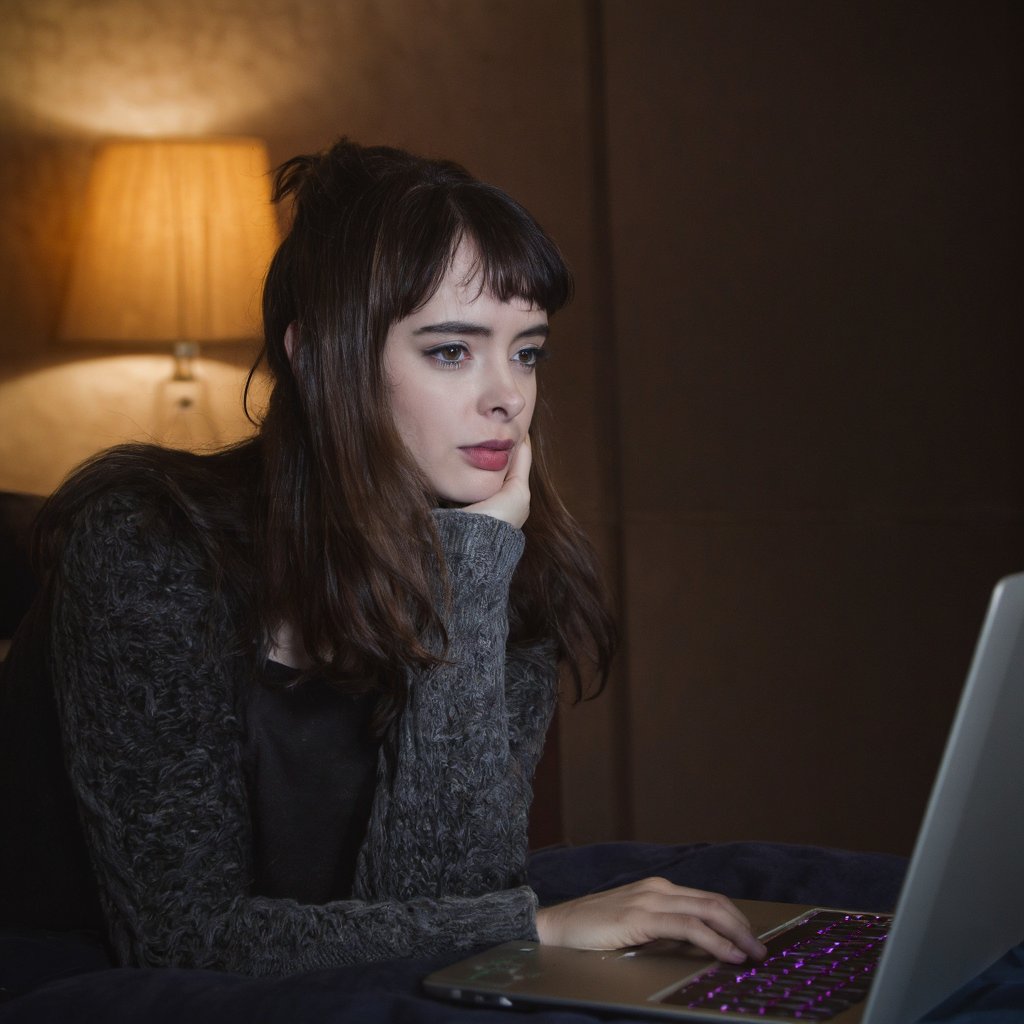 A moody, intimate portrait of krysten_ritter lying on her bed, illuminated by a soft, warm light source. She wears a textured gray sweater and has long, wavy brown hair. Her relaxed pose includes one hand resting on her chin and the other on her laptop keyboard. The woman appears to be engrossed in her work. The room is dimly lit, with a lamp on the bedside table casting a soft glow on the wall behind her. The textured wallpaper in the background adds depth to the scene. The overall color palette is dominated by earthy tones, with the woman's gray sweater providing a contrasting contrast.