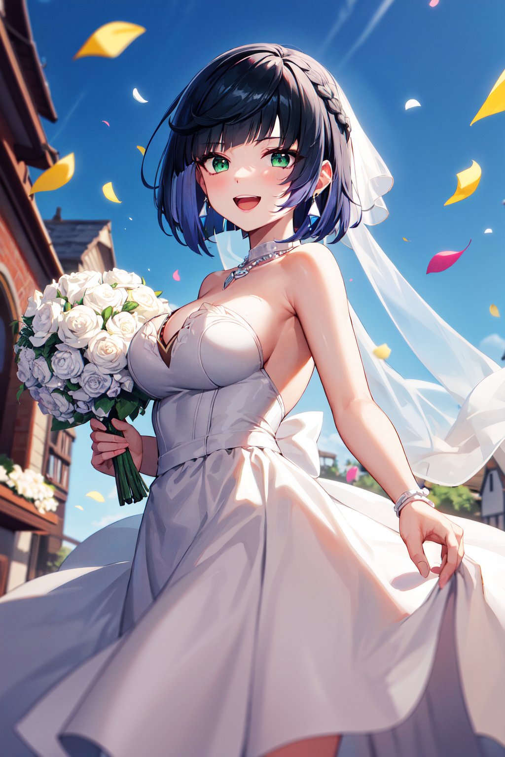 masterpiece, best quality, highres, aayelan, short hair, bob cut, braid, green eyes, earrings,<lora:yelan_v1:0.7>, wedding dress, strapless dress, white dress, necklace, holding bouquet, smile, open mouth, confetti, garden,