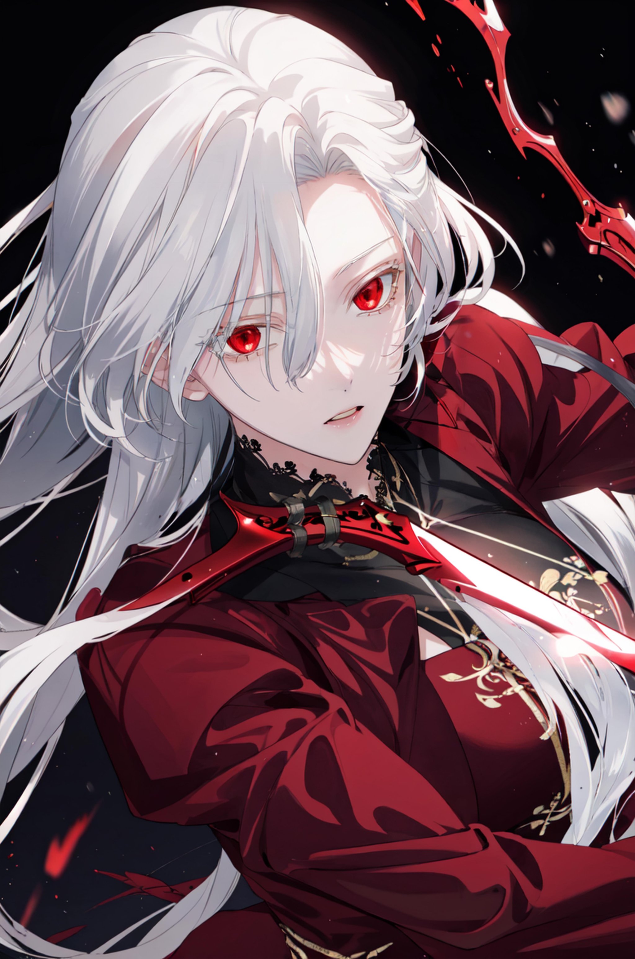 masterpiece, (best quality), 1girl , white hair, Raviel, red eyes, <lora:RavielIvansia:0.7>, dynamic pose, red sword,