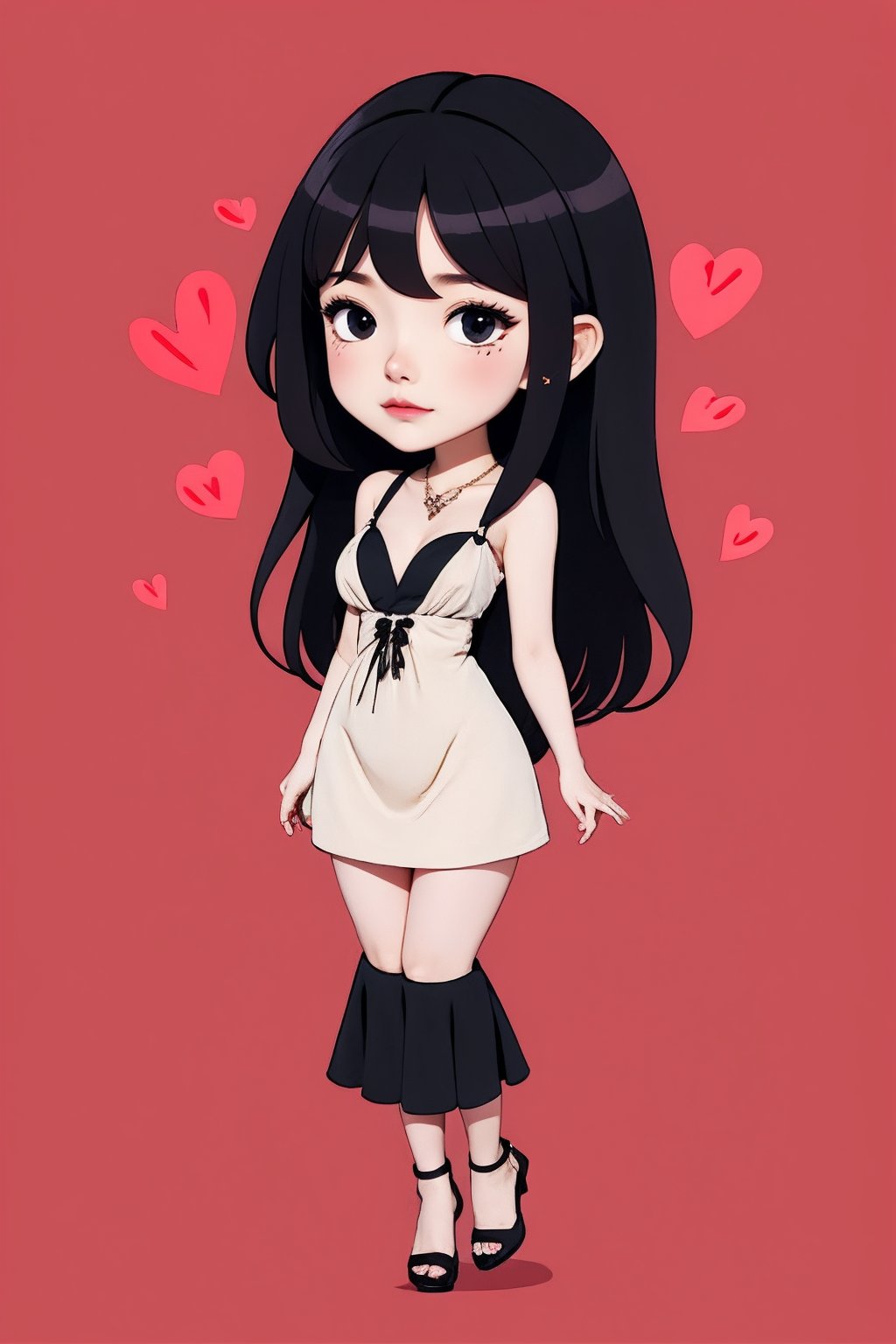 <lora:AgainChibiLora_v1:1>,1girl, solo, mole under eye, jewelry, mole, heart, black hair, necklace, dress, black eyes, black dress, black footwear, full body, breasts,