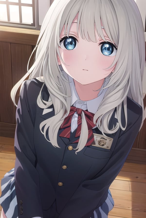 hotaruhiraiwa, <lora:hotaru hiraiwa s1-lora-nochekaiser:1>,hotaru hiraiwa, long hair, bangs, blue eyes, grey hair,BREAK skirt, long sleeves, school uniform, jacket, socks, black skirt, two side up, black jacket, kneehighs, blazer, black socks, bow, bowtie, stripped, stripped bowtie,BREAK indoors, classroom,BREAK looking at viewer, (cowboy shot:1.5),BREAK <lyco:GoodHands-beta2:1>, (masterpiece:1.2), best quality, high resolution, unity 8k wallpaper, (illustration:0.8), (beautiful detailed eyes:1.6), extremely detailed face, perfect lighting, extremely detailed CG, (perfect hands, perfect anatomy),