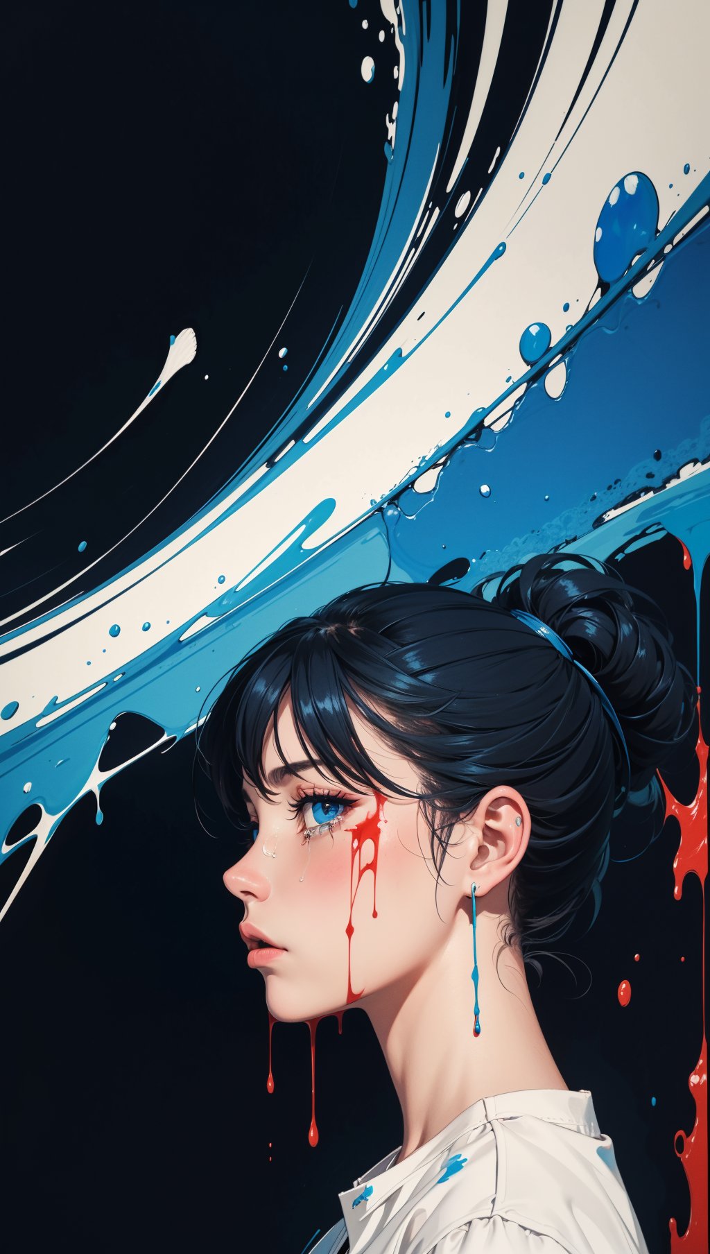 masterpiece,best quality,ultra high res,(abstract art:1.4),bleeding blue,blue theme,visually stunning,beautiful,evocative,emotional,(side view of a woman bleeding paint),crying paint,looking at viewer,