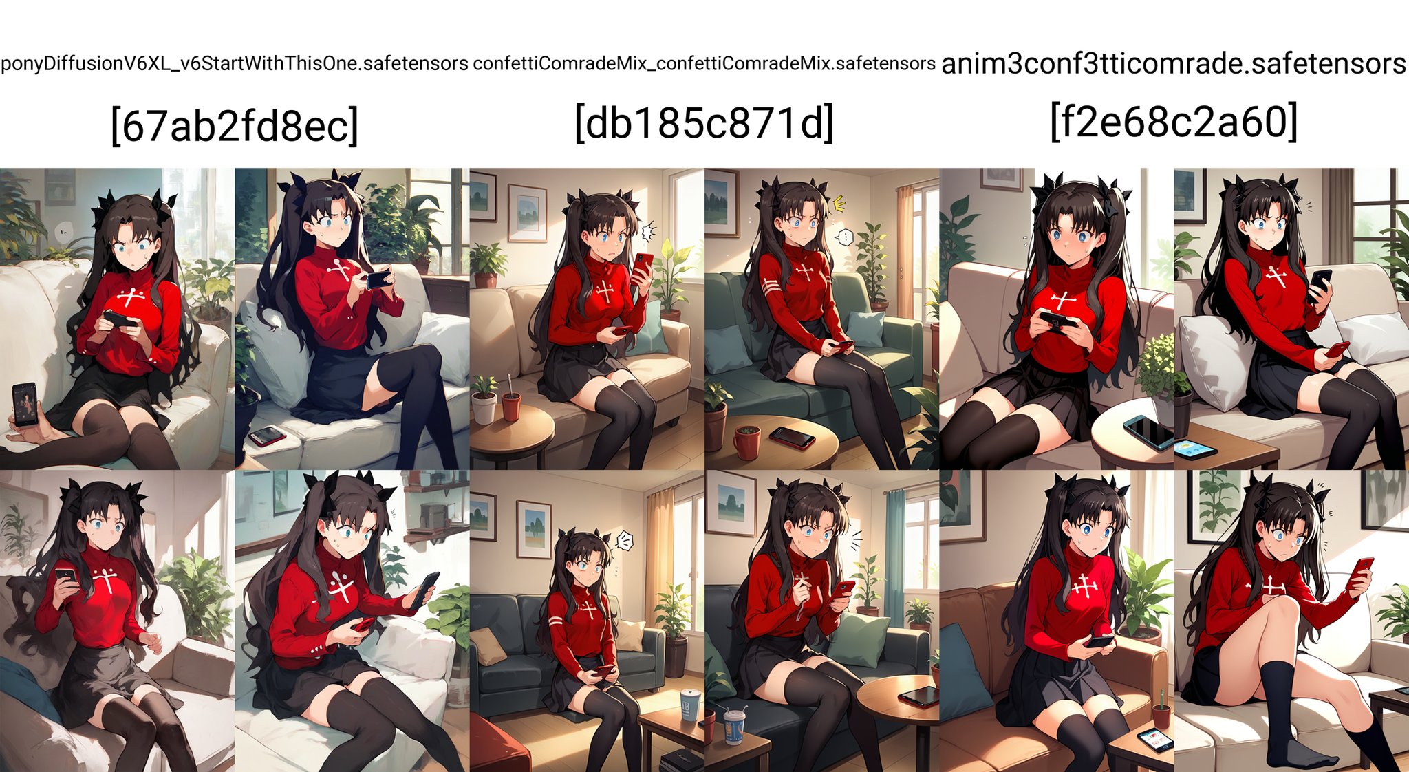 score_9, score_8, score_7, source_anime,rating_general,1girl, solo, tohsaka rin, red turtleneck, black skirt, thighhighs, zettai ryouiki, living room, sofa, sitting, looking at phone, surprised, annoyed, sweatdrop, plant