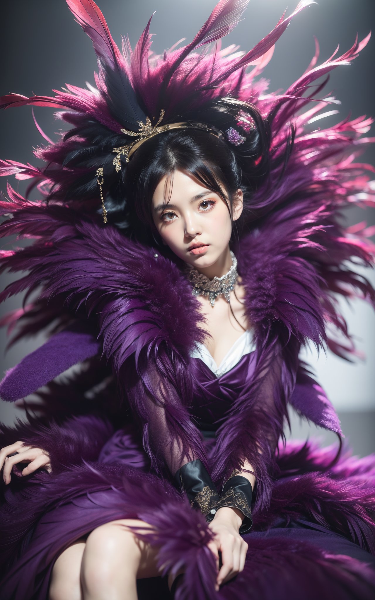 (((masterpiece))), (((best quality))), anime style, 2d,  , (((masterpiece))) , (((best quality))) , anime style, 2d, gorgeous 1girl, solo, Boring, deep purple Feather Cloak, Tulle designs, Sitting with crossed legs, key visual