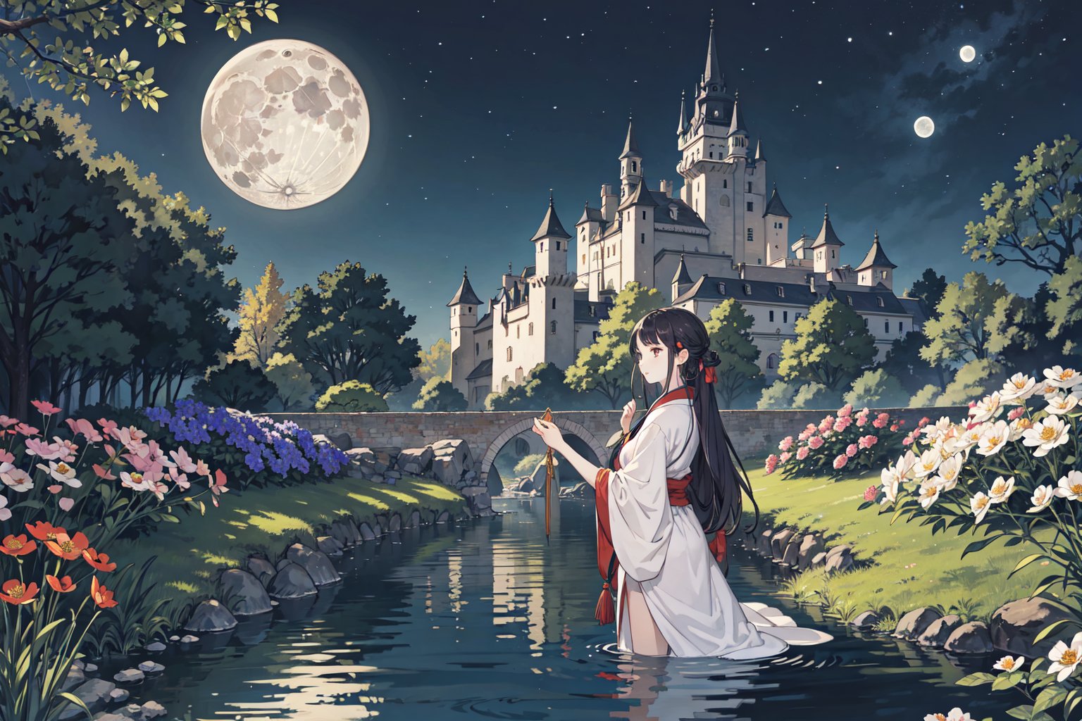 best quality,oriental_detailed background,girl,detailed_hand,garden, flower, ruined castle,night, moon,reflect_water, 