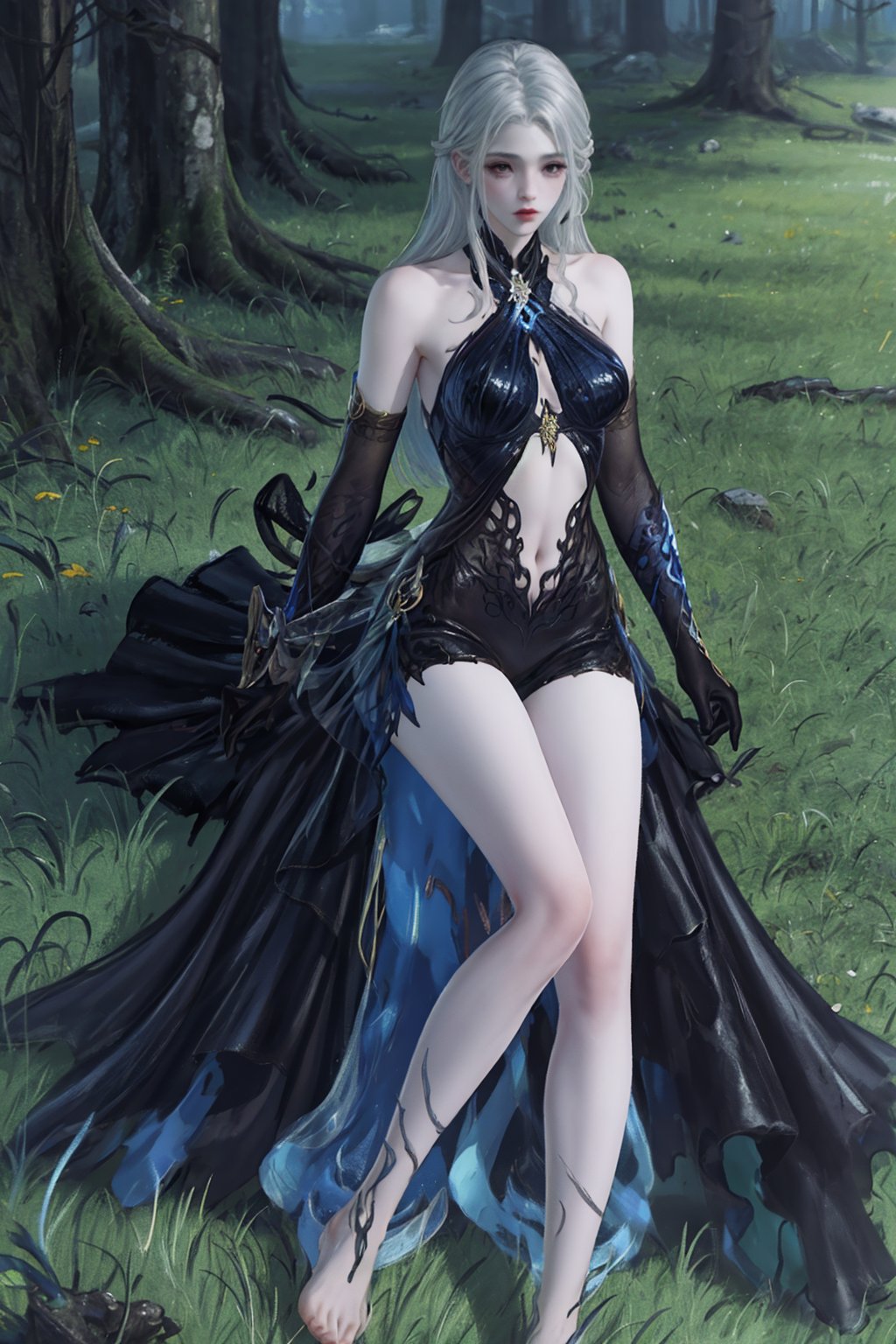 Bare shoulders,solo,Blue and black dress,Black elbow gloves,barefooted,dress,navel,barefoot,<lora:future005-夜魅幽莹-000010:0.8>,on grass,on ground,, best quality,masterpiece,highres,official art,extremely detailed cg unity 8k wallpaper,