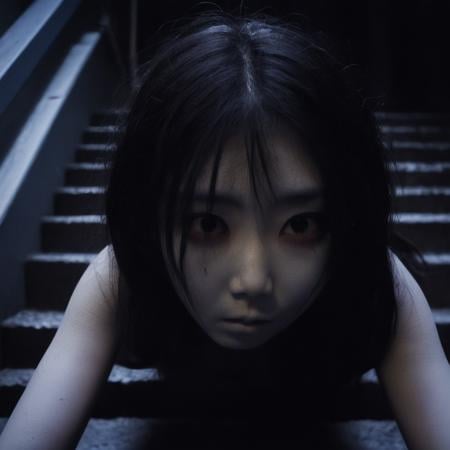 cinematic film still of  <lora:Kayako Saeki Sadako Yamamura:1>Kayako Saeki a woman is laying crawling down on the stairs at night,1girl,solo,sitting,indoors,blood,stairs,dark , pale skin, supernatural, horror film, Japanese, extreme rage, sorrow, cinematic, film, movie, movie still, Ju-On The Grudge movie style, shallow depth of field, vignette, highly detailed, high budget, bokeh, cinemascope, moody, epic, gorgeous, film grain, grainy