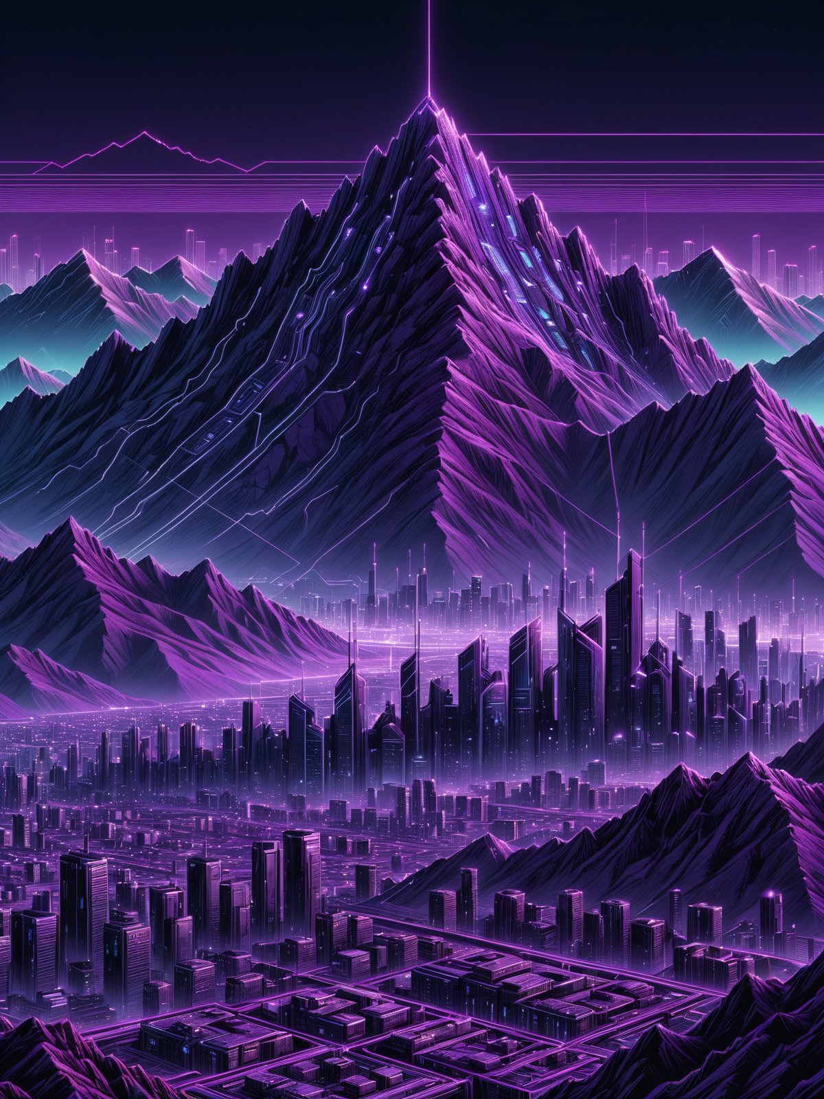 city in front of a mountain range, purple coloring, grid, cyberpunk, 1980s, retro, scifi <lora:Neon_Cyberpunk_SDXL_-_Cyberspace:0.7>, (masterpiece:1.2), best quality, (hyperdetailed, highest detailed:1.2), high resolution textures