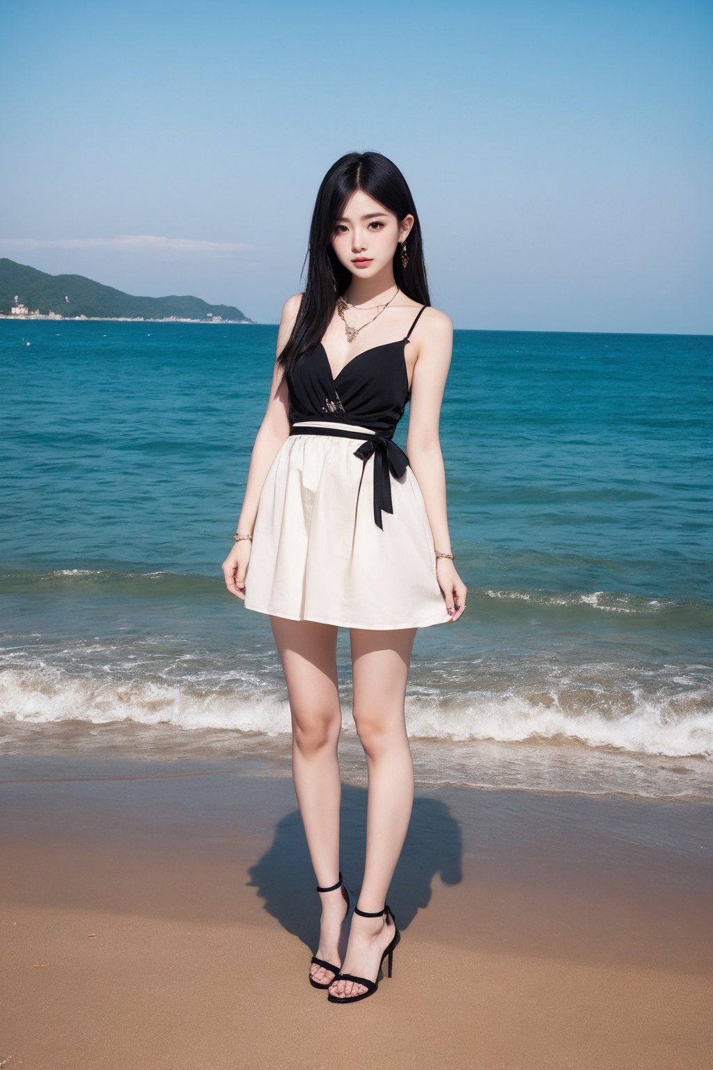 <lora:AgainChibiLora_v1:1>,1girl, solo, jewelry, black hair, necklace, dress, black eyes, black dress, black footwear, (full body:1.2), (sea:1.2),