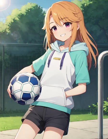 score_9, score_8_up, score_7_up, best quality,  4k, uncensored, prefect lighting, rating_explicit,1girl, solo,yuuki haru,  long hair,  orange hair, purple eyesykharu_AA, white hoodie, gray shorts , hood, soccer ball, outdoors, day,tomboy,smile,newest,official art<lora:yuukiharu_pony_v1:0.6>