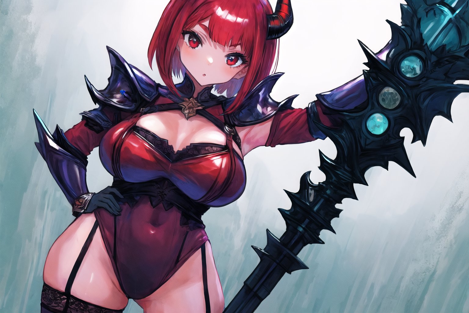 1girl, solo, breasts, looking at viewer, short hair, bangs, large breasts, red eyes, thighhighs, holding, standing, weapon, red hair, horns, armpits, armor, arm up, leotard, hand on hip, heterochromia, garter straps, gauntlets<lora:EMS-348304-EMS:1.300000>, <lora:EMS-179-EMS:0.300000>