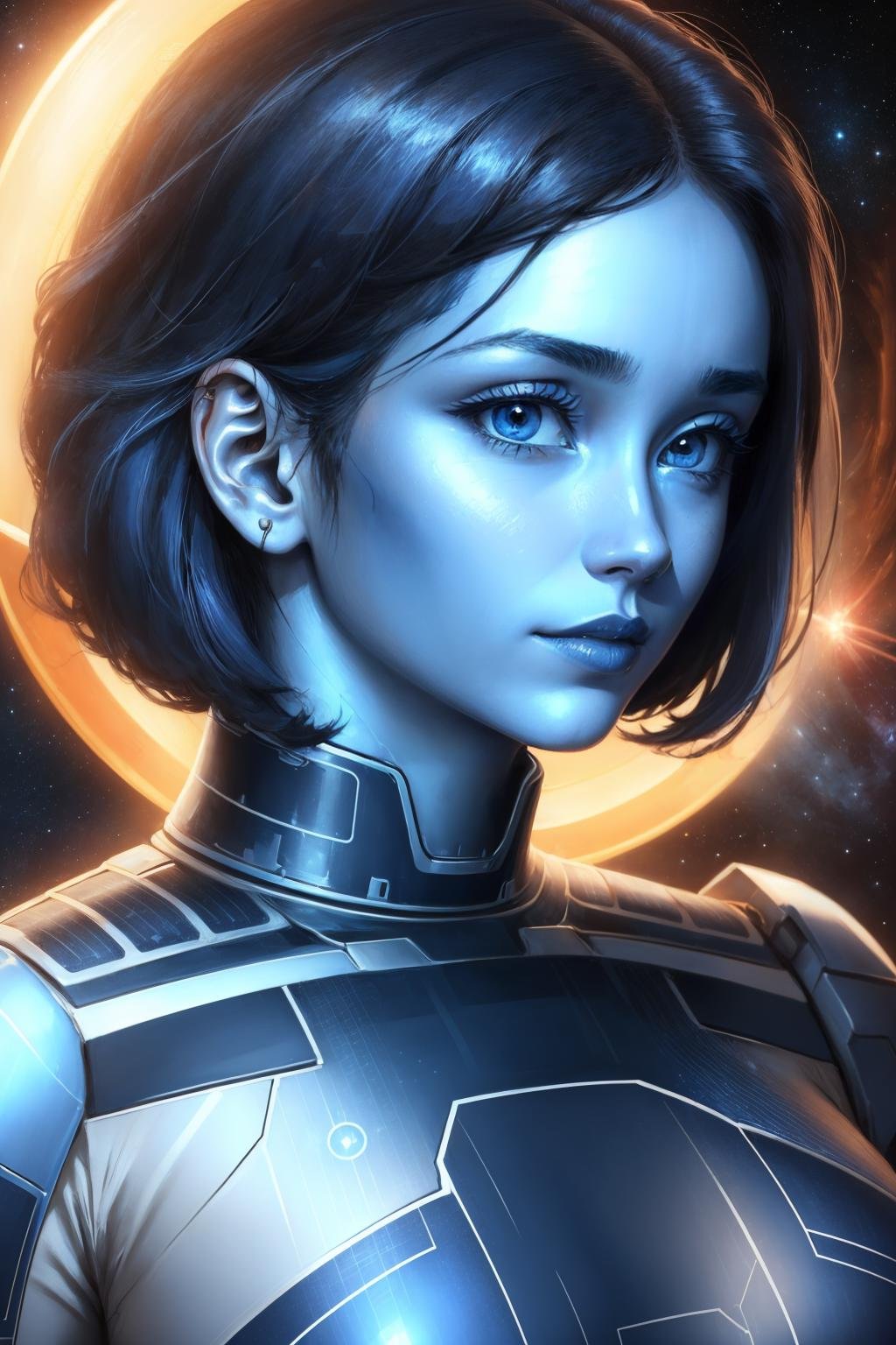 masterpiece, best quality, <lora:theweapon-nvwls-v1-000009:0.9> thewpn, (blue skin:1.4), large breasts, blue bodysuit, portrait, close-up, highly detailed face, science fiction, outer space, glowing eyes