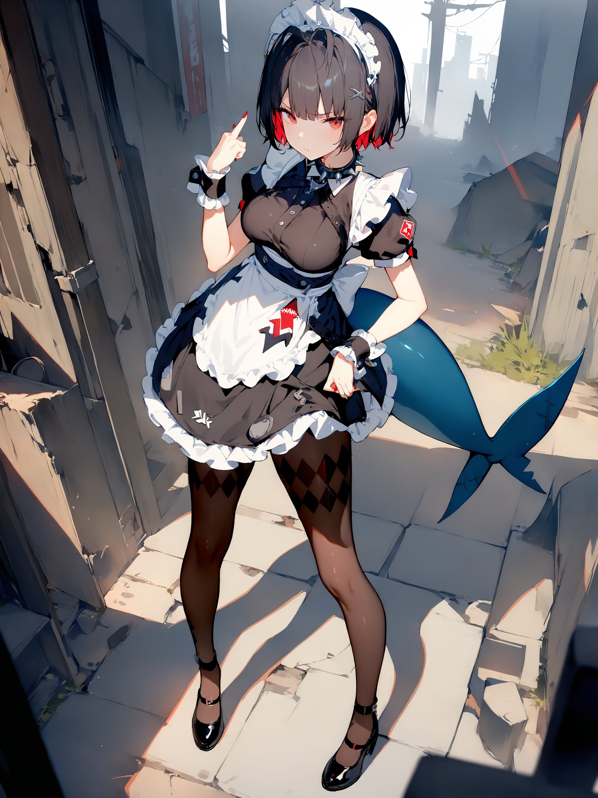 1girl, ellen joe, solo, hairclip, argyle pantyhose, red nails, black footwear, maid headdress, maid apron, wrist cuffs, maid dress, shark tail, spiked collar, looking at viewer, annoyed, middle finger, ruins, outdoors, depth of field, standing, full body <lora:Char-ZZZ-EllenJoe-XL-V1:1>, masterpiece, best quality, perfect features, intricate details, ray tracing, very aesthetic, (hitenkei, askzy:0.5)