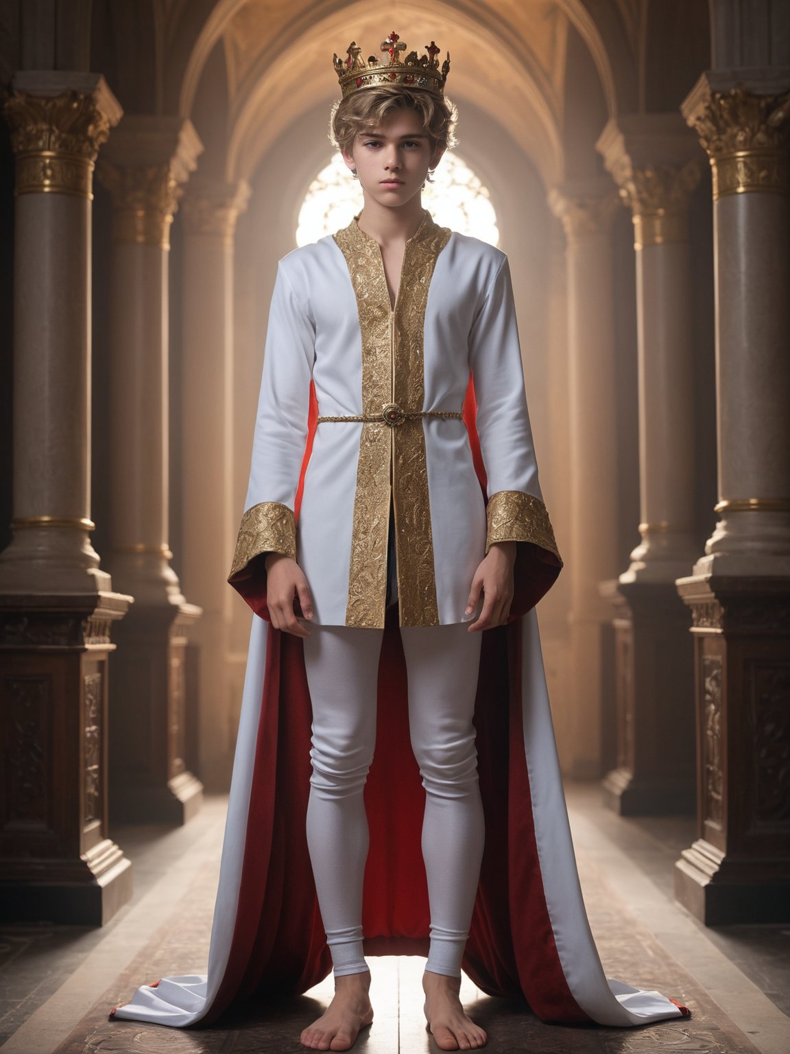 (1boy), SecretLab, Crowned "The Architect of Knowledge", Art Photography, cinematic lighting, Depth of field 100mm, dramatic, photorealism, cinestill, cute twink, 18yo, crown, full body shot, skinny fit, royal clothing, royal robe, royal staff, ornate, cute butt, full body shot, open shirt, exposed chest