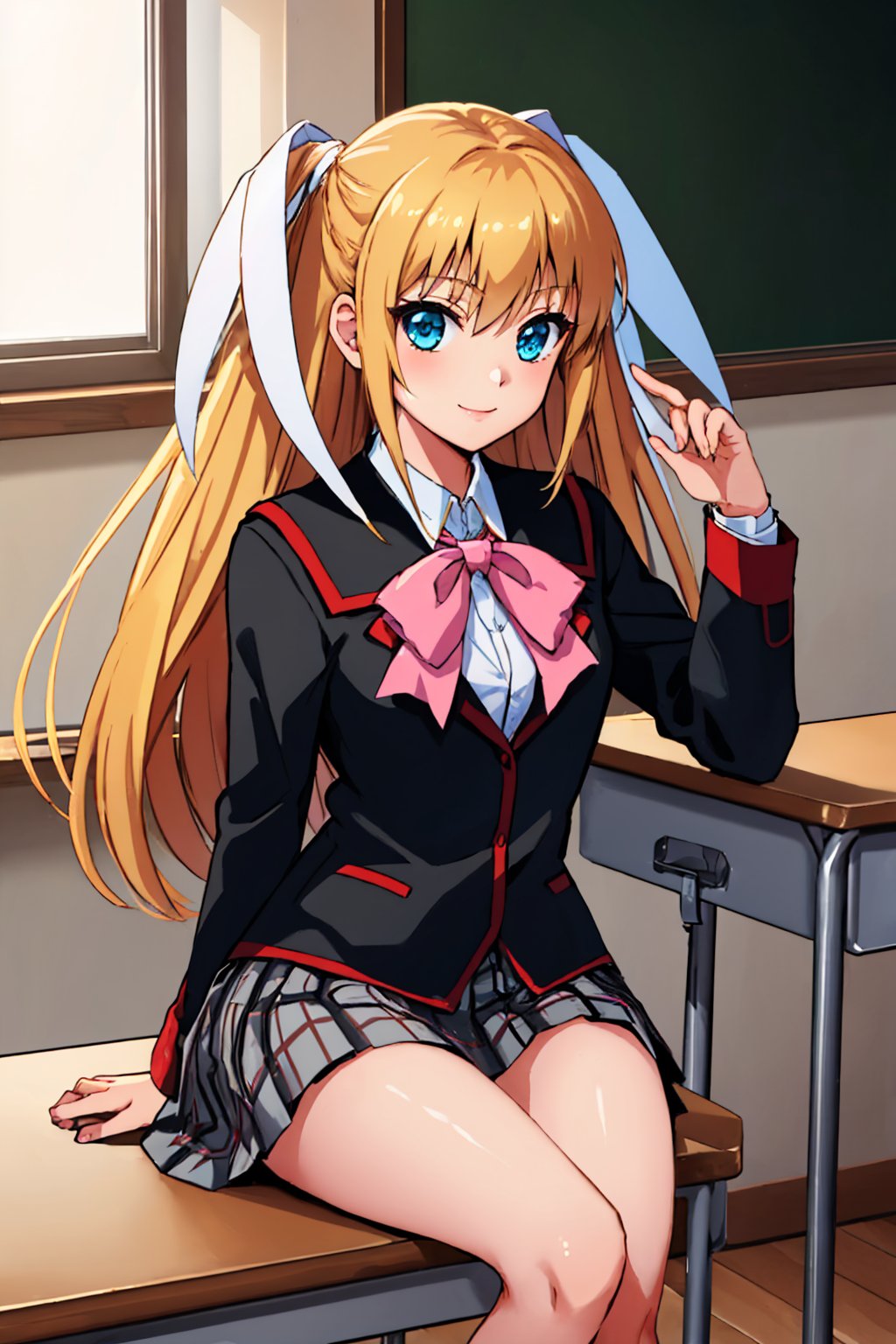 (masterpiece, best quality:1.2), solo, 1girl, tokido saya, smile, looking at viewer, sitting, chair, twintails, hair ribbon, school uniform, jacket, pink bow, plaid skirt, indoors, classroom <lora:littlebusters_tokido-10:1>