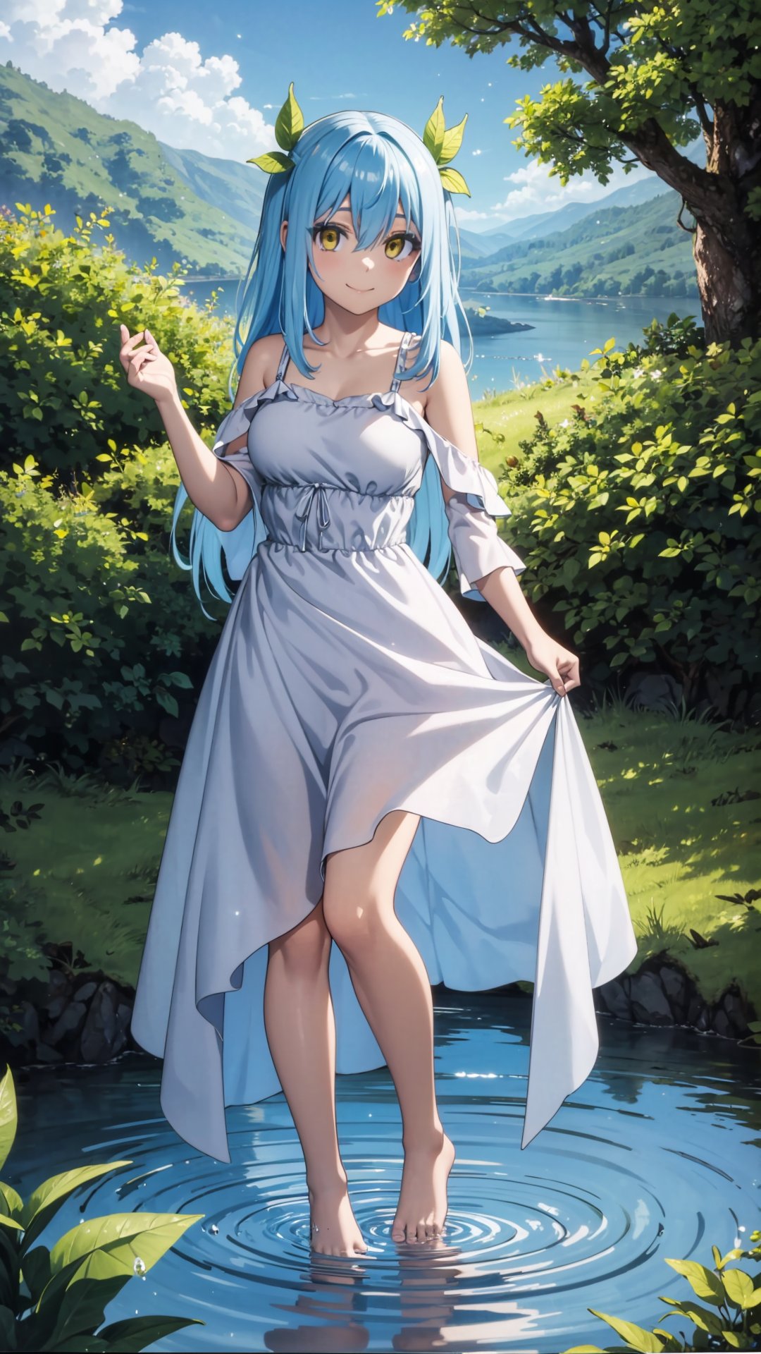 (masterpiece, best quality), ray tracing, absurdres, HDR,rimuru tempest, underground lake goddess, 1girl,yellow eyes,blue hair,large breasts , ,hair between eyes, long hair, solo, leaf hair ornament, dress, comic, , closed mouth, water,, ripples, smile, barefoot, off shoulder, bare arms ,looking at viewer, blush<lora:rimuru_lake_goddess:0.7>