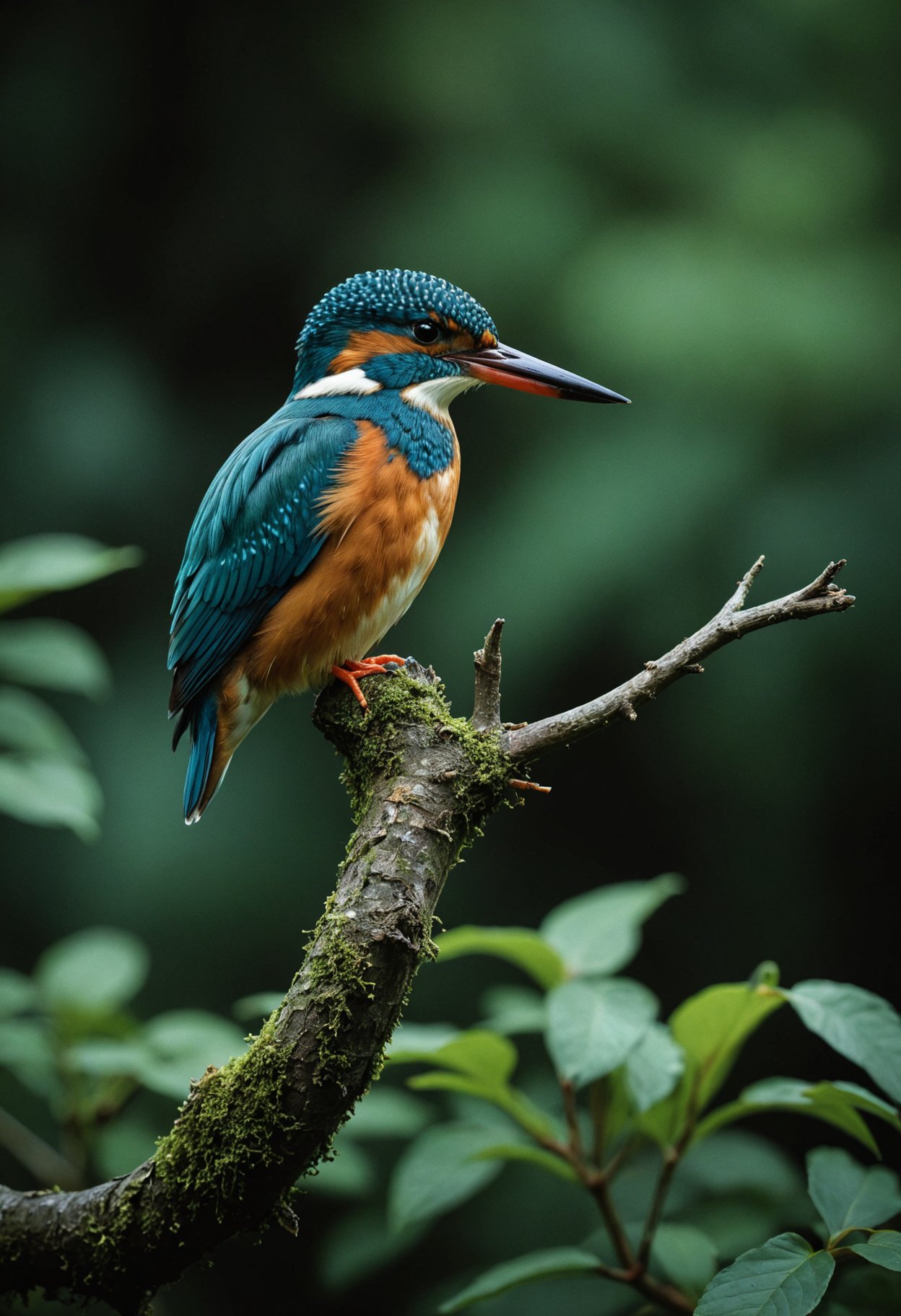 Kingfisher,style by Paul Thomas Anderson,Short Lighting,Kodak ultra max 800,center composition, symmetry composition, dark shot, nature, vignette, vivid colors