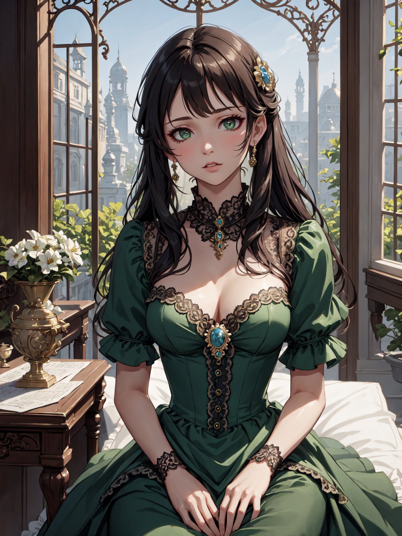 8k, masterpiece, intricately detailed, solo, (1girl), (green victorian dress), <lora:victorian_dress-1.0:0.8>, brooch, lace, bodice, (lace overlay), looking at viewer, serious