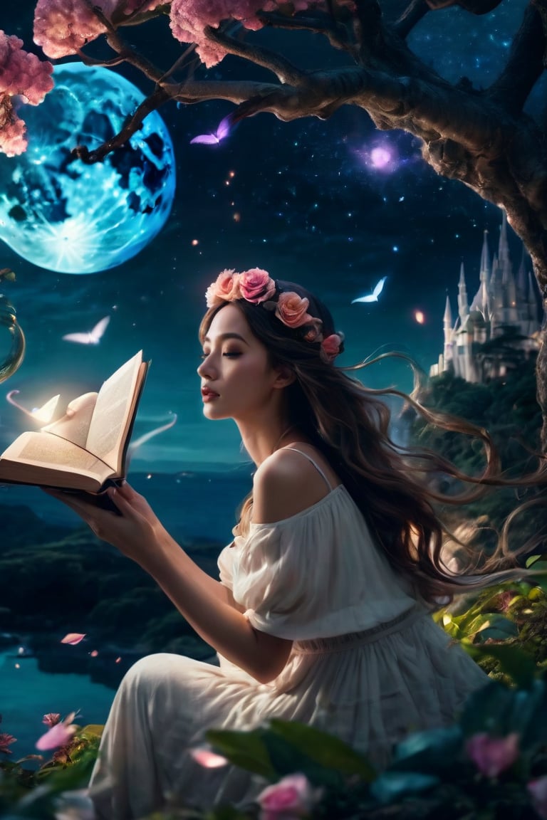 (high quality:1.4), (best quality:1.4), (masterpiece:1.4), official art, official wallpaper, surreal, beautifulgoddess, (1woman:1.1), (long wavy hair:1.1), (flower crown:1.1), (mystical creatures:1.1), (floating islands:1.1), (detailed landscape:1.1), (magic in the air:1.1), (stardust:1.1), night sky, (whimsical atmosphere:1.1), (dreamlike world:1.1), (bubbles:1.1), flying books, (luna moths:1.1), (moonlight:1.1), enchanted forest, (wisdom:1.1), (powerful energy:1.1), (guardian angels:1.1), (peaceful:1.1), vibrant colors, (detailed:1.05), (extremely detailed:1.06), sharp focus, (intricate:1.03), cinematic lighting, (extremely intricate:1.04), (epic scenery:1.09), vibrant colors, (beautiful scenery:1.08), (detailed scenery:1.08), (intricate scenery:1.07), (wonderful scenery:1.05),, (sharp focus,absurdres,high quality,masterpiece,highres,best quality:1.5)