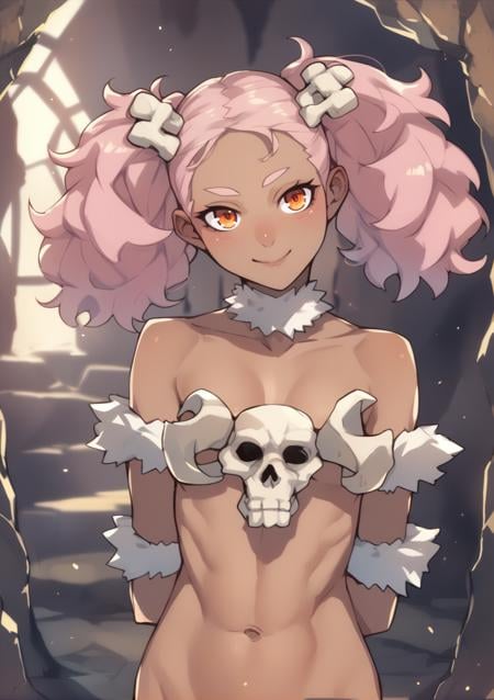 1girl, solo, dark skin, evil, evil smile, reaching viewer, orange eyes, pink hair, messy hair, twintails, hands behind back, closing to the viewer, cavewoman, fur, bone hair ornament, jewelry prehistoric, evil smile, closed mouth, blush, indoors, cave, bonfire   <lora:Ban AP:1>, score_9, score_8_up, score_7_up, score_6_up, score_5_up, score_4_up, BREAK source_anime, masterpiece