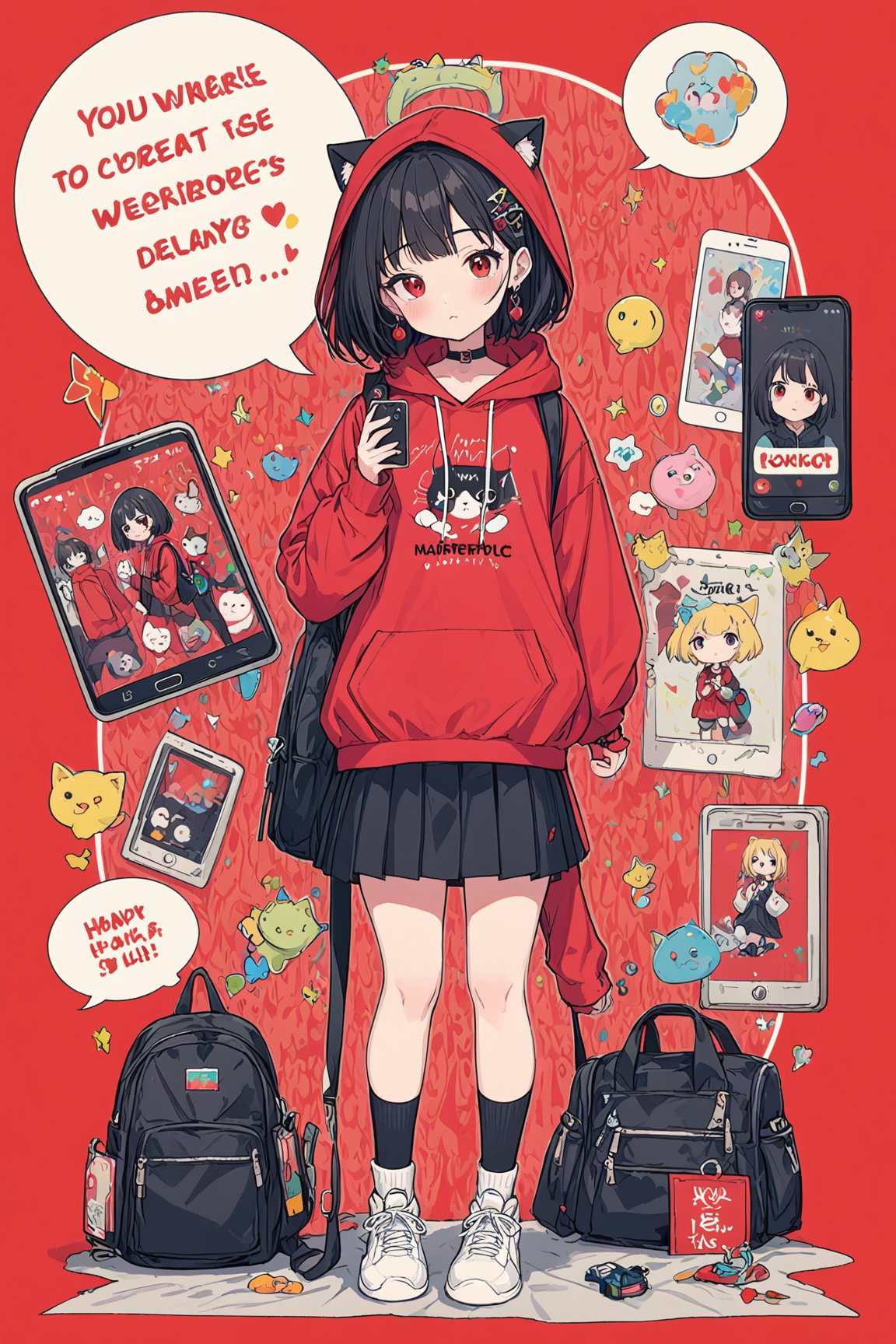 ultra-detailed,(best quality),((masterpiece)),(highres),original,extremely detailed 8K wallpaper,(an extremely delicate and beautiful),anime,\\,BREAK1girl,red eyes,red background,hood,backpack,cat,red hoodie,drawstring,black hair,shoes,hood down,hoodie,long sleeves,solo,bag,holding,hair ornament,english text,socks,earrings,white footwear,bangs,looking at viewer,jewelry,sneakers,phone,standing,blush,full body,skirt,medium hair,black socks,hairclip,red theme,speech bubble,holding phone,closed mouth,cellphone,sleeves past wrists,animal,short hair,simple background,black skirt,romaji text,