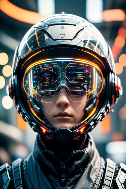 AgainCyberpunk, 1girl, solo, realistic, science fiction, helmet, cable, cyberpunk, lips, portrait, head-mounted display, blurry, robot, depth of field, blurry background, closed mouth, screen, glowing, facing viewer