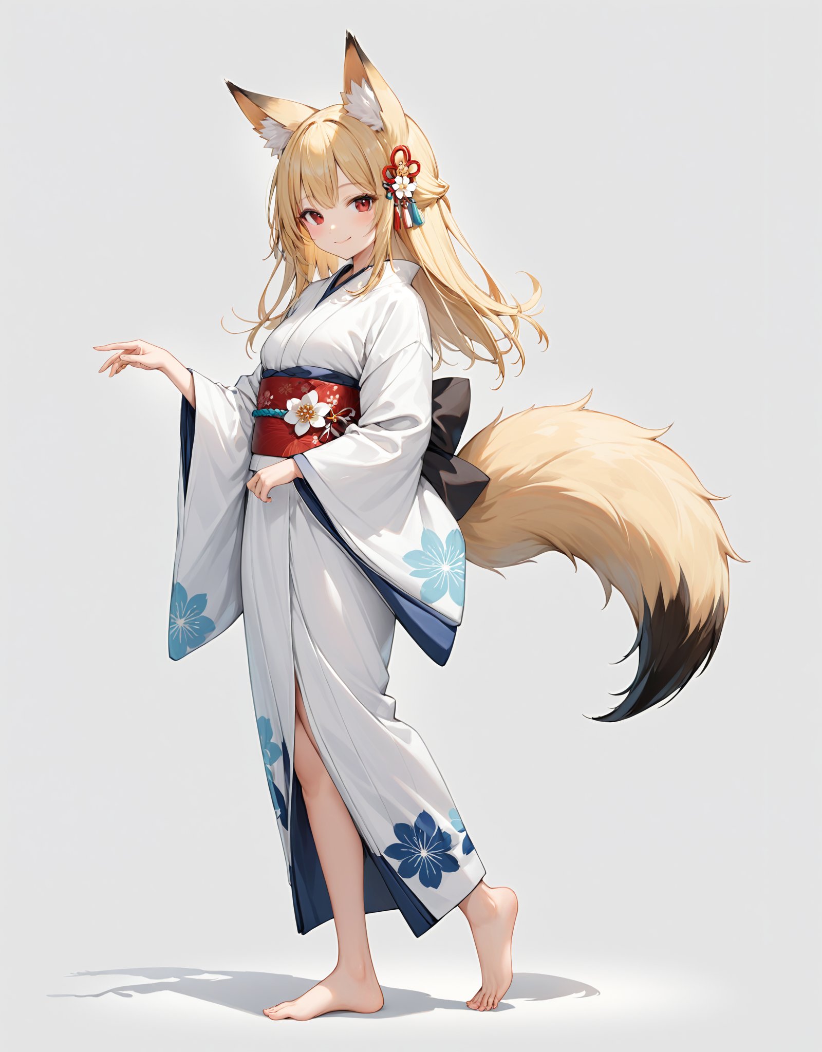 highres,best quality, 1girl, animal ear fluff, animal ears, barefoot, blonde hair, closed mouth, feet out of frame, fox ears, fox girl, fox tail, full body, hair ornament, japanese clothes, kimono, long sleeves, looking at viewer, obi, red eyes, sash, simple background, smile, solo, standing, tail, white kimono, wide sleeves, yukata