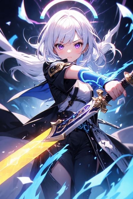 (masterpiece, best quality, chromatic aberration), colorful, 1girl, white hair, purple eyes, dual wielding, sword, holding sword, blue flames, glow, glowing weapon, light particles, 