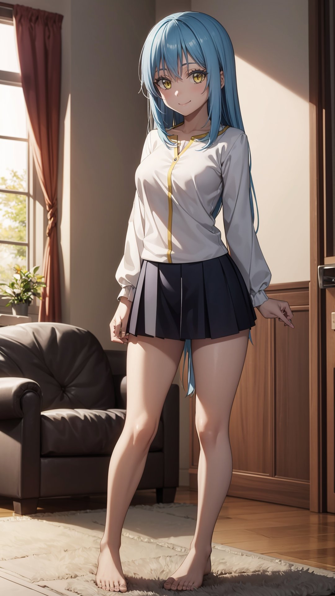 (masterpiece,  best quality),  ray tracing,  absurdres,  HDR,rimuru tempest, coleus,1girl, long hair,light blue hair,  , yellow eyes,  breasts,, topless,long sleeves, standing , , indoors, closed mouth,living room, bangs, pants, solo focus, straight hair,short skirt,,looning at viewer,bare legs,barefoot,smile,<lora:rimuru coleus_v3:0.7>