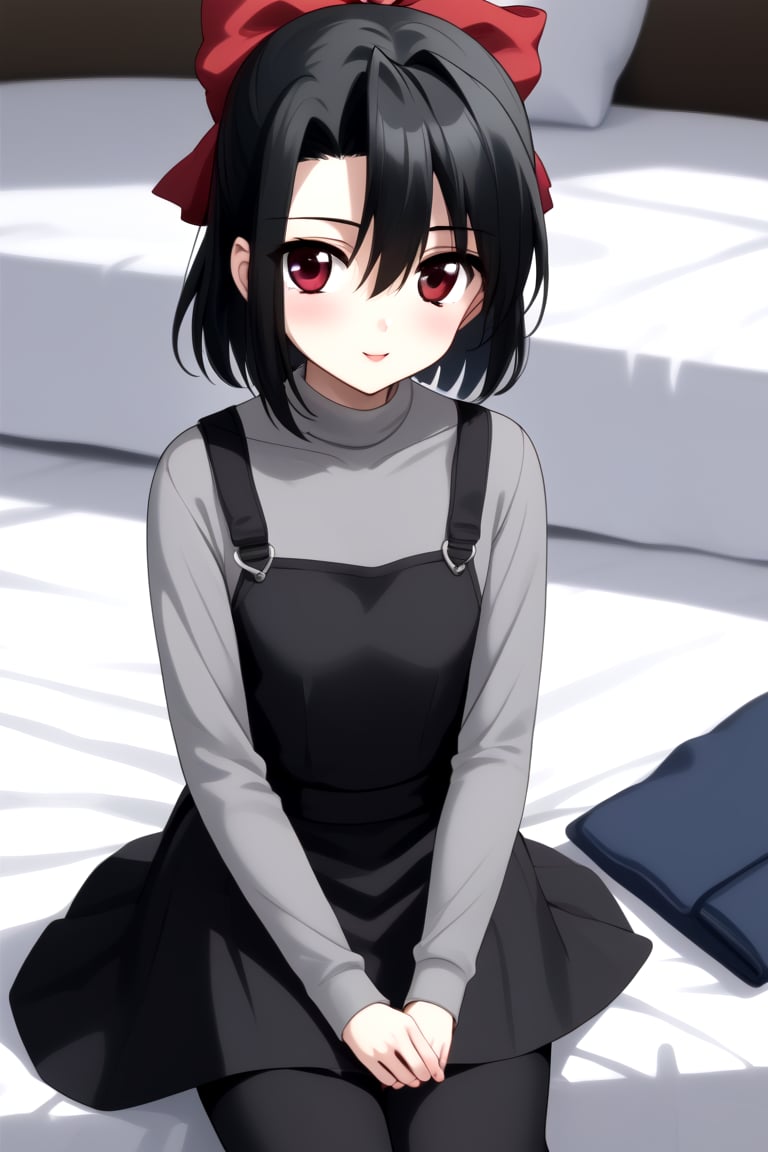 Highly detailed, High Quality, masterpiece, beautiful, 1girl, solo, (feminine focus, young woman, 16 years old), Setsuna Kiyoura, black hair, red eyes, hair bow, red bow, tiny breasts, BREAK (black pinafore dress), grey t-shirt, grey long sleeves, turtle neck,BREAK bedroom,BREAK front view, Focus waist, sitting in bed, looking_at_viewer, far from viewer<lora:EMS-440496-EMS:1.000000>