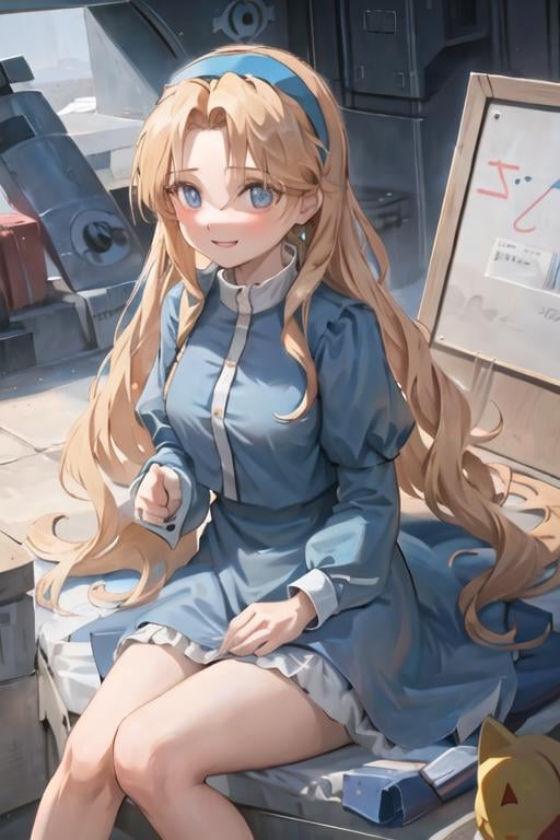 1girl, maria_robotnik, long hair, blonde hair, parted bangs, blue hairband, blue eyes, shirt, dress, smile, look at viewer  <lora:maria_robotnik-v1:0.6>