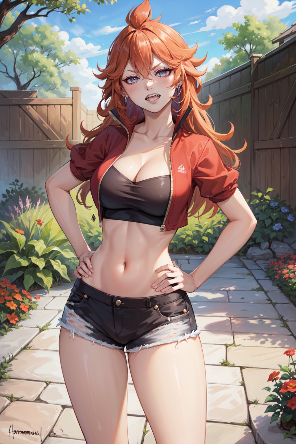 (best quality, ultra detailed), (detailed background:1.2), (perfect face, detailed face), looking at viewer, (mature female:1.4), thick thighs, smirk<lora:mereoleona_vermillion-10:0.6> mereoleona_vermillion, 1girl, long hair, large breasts, cleavage, hair between eyes, navel, crop top, shorts(outdoors, garden, standing, hands on hips, open mouth)     