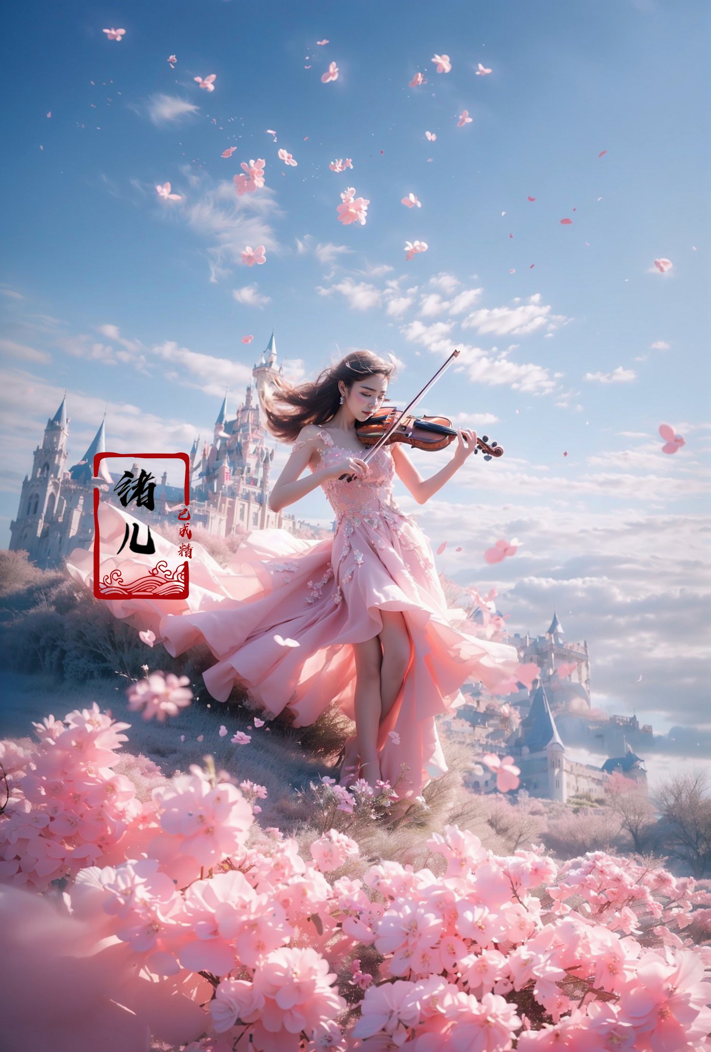 (A girl in a dress is in the air:1.3), playing a violin, (wide shot, wide-angle lens,Panoramic:1.2),super vista, super wide Angle，Low Angle shooting, super wide lens, Castle background，violin，bare shoulders，petals，pink dress，from below，blurry foreground， (full body:1.5),(long legs:1.3), <lora:绪儿-小提琴 violin:0.8>