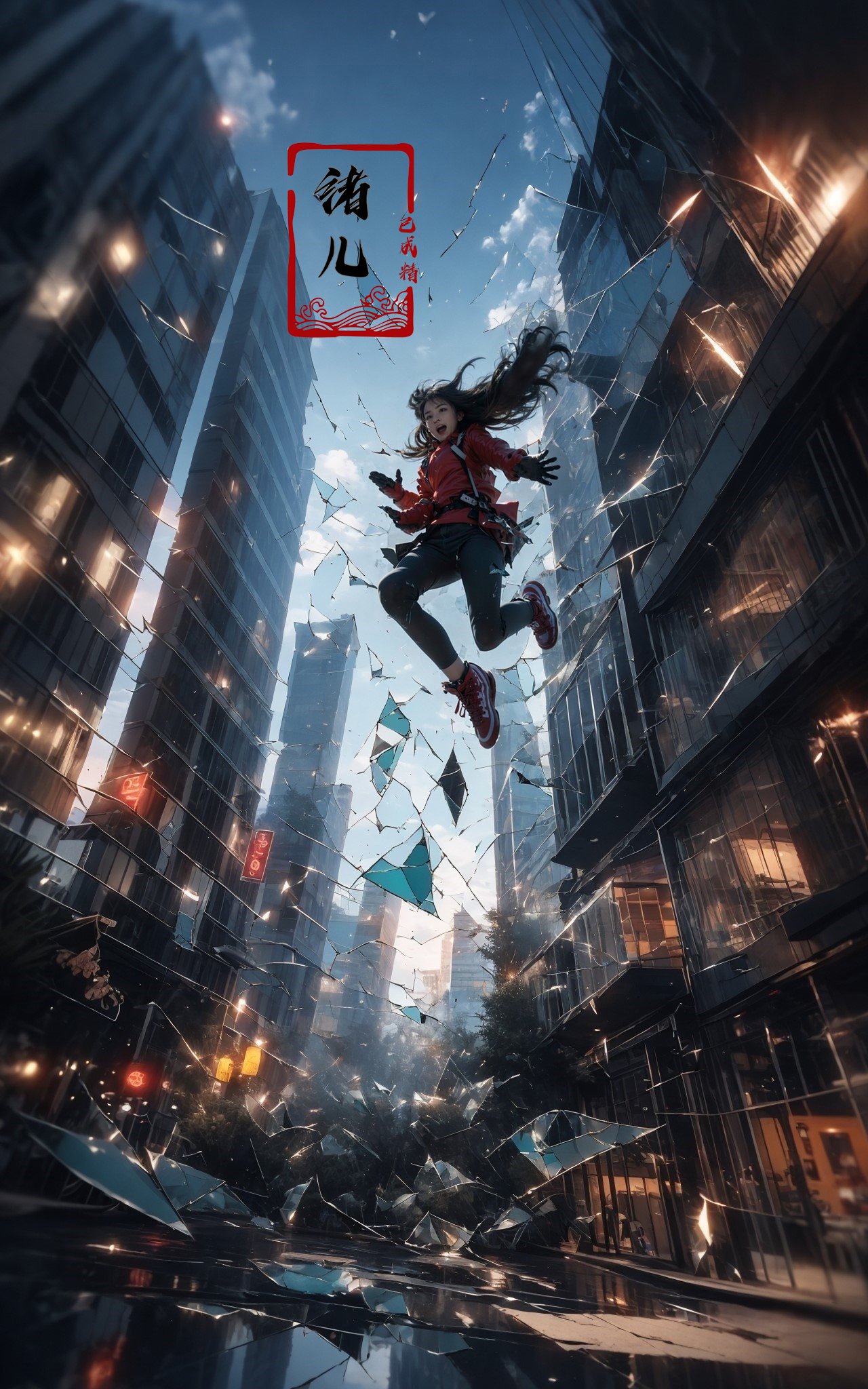 jumping，midair, (1girl, solo:1.2), open mouth, outdoors, building, (broken glass:1.5), shoes, (red gloves:1.3), black hair，Glow, reflective glass, light pollution，<lora:绪儿-跳跃构图 jumping:0.8>