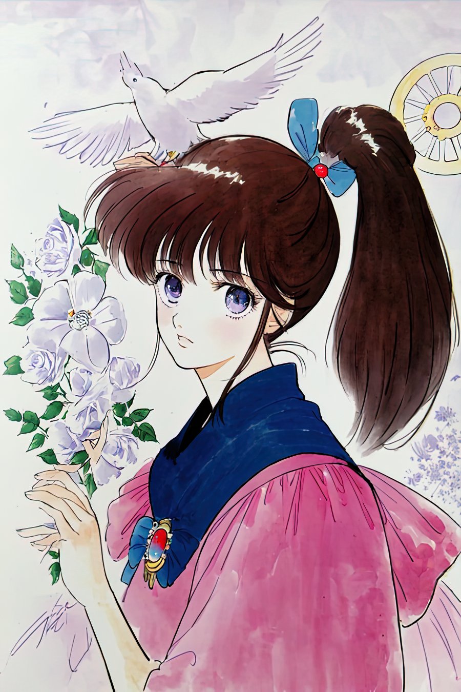 <lora:Inomata_Style:1> style by Mutsumi Inomata, 1girl, solo, long hair, looking at viewer, blue eyes, brown hair, bow, ribbon, jewelry, purple eyes, ponytail, flower, hair bow, side ponytail, rose, bird, traditional media, white flower, retro artstyle, white rose, gears