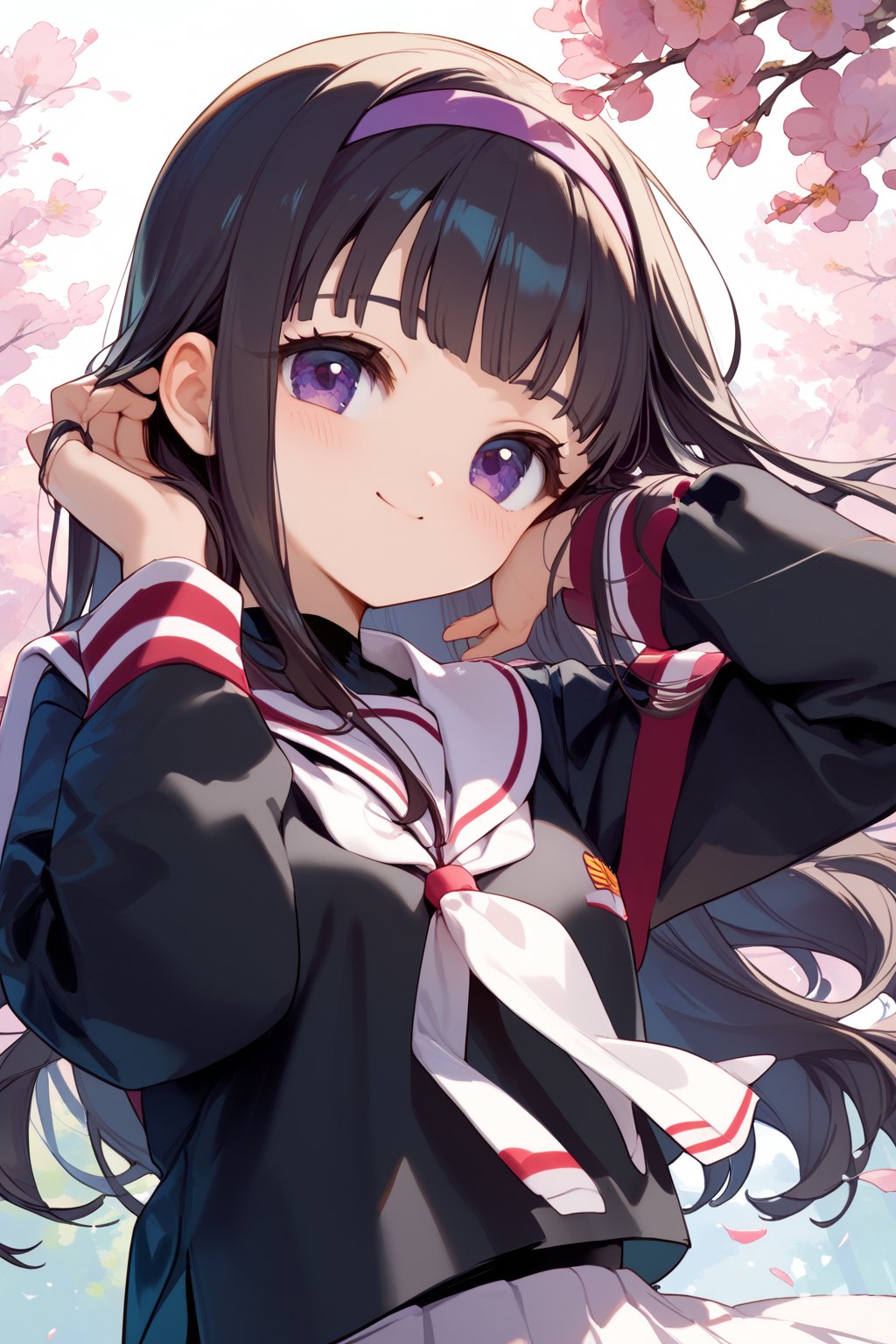 score_9, score_8_up, score_7_up, source_anime,sakura tree,cowboy shot,light smile, blush, adjusting hair, <lora:tomoyo_autismConfetti_v01:1>black hair, blunt bangs, long hair, purple eyes,  hairband,tomoeda elementary school uniform,  black shirt, sailor collar, school uniform,  white sailor collar, long sleeves, white pleated skirt,, zPDXL